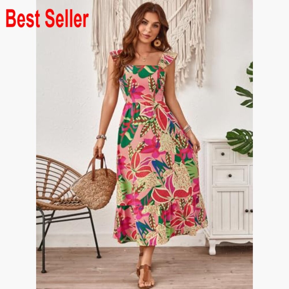 Polyester Elastane Square Neck A-Line Midi Dress … - image 5